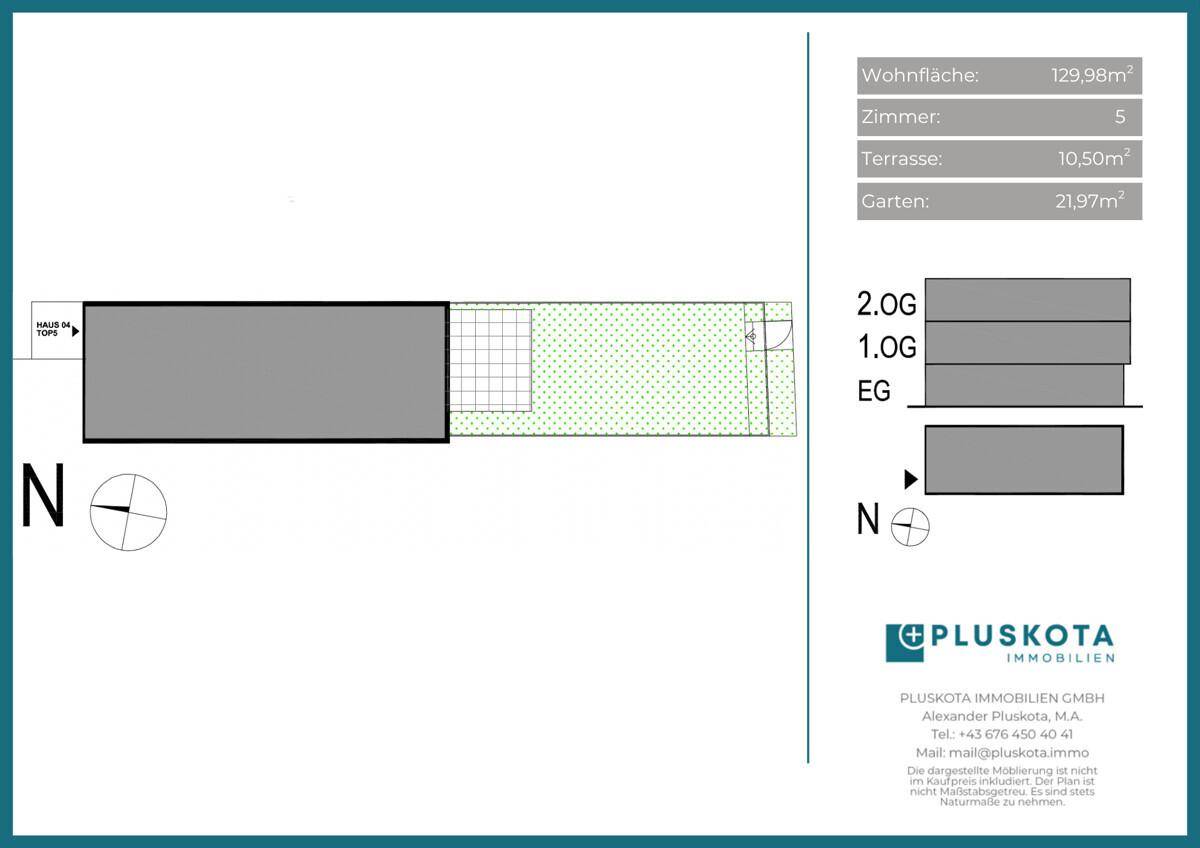Übersichtlicher Lageplan mit Wohnfläche, Zimmeranzahl, Terrasse und Gartenfläche.