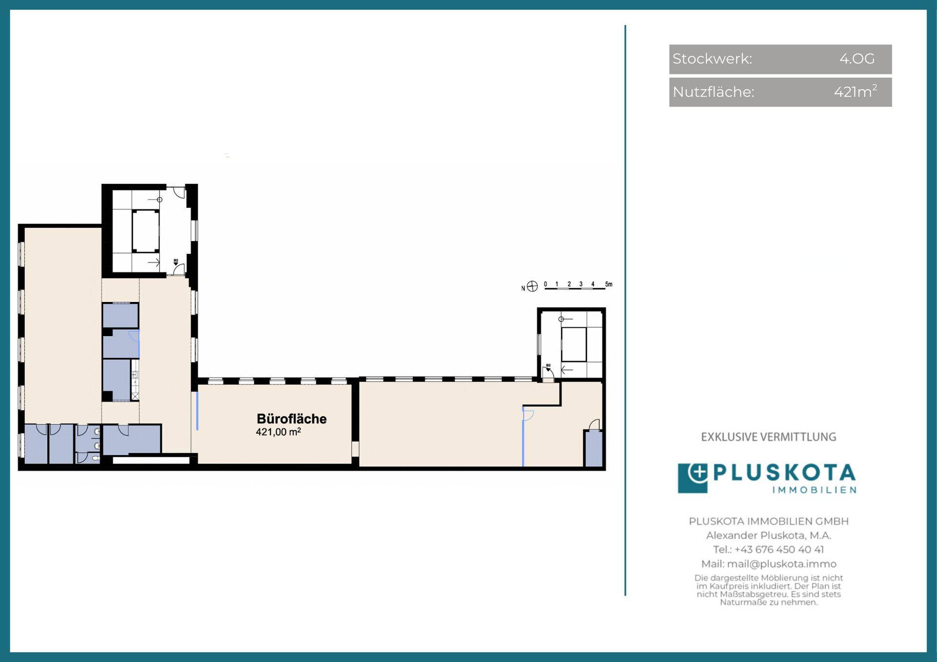 Detaillierter Grundriss einer Bürofläche von 421 m² mit verschiedenen Bereichen und Sanitäranlagen.