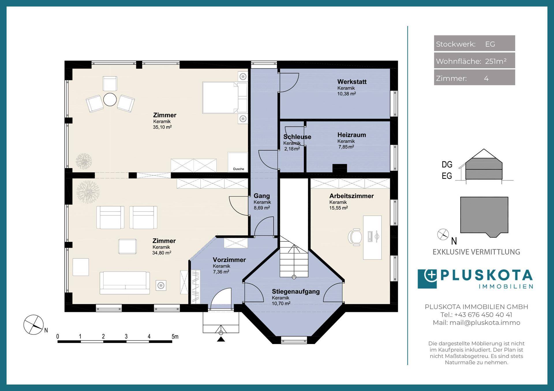 Grundriss des Erdgeschosses mit verschiedenen Zimmern, Werkstatt und Arbeitszimmer.