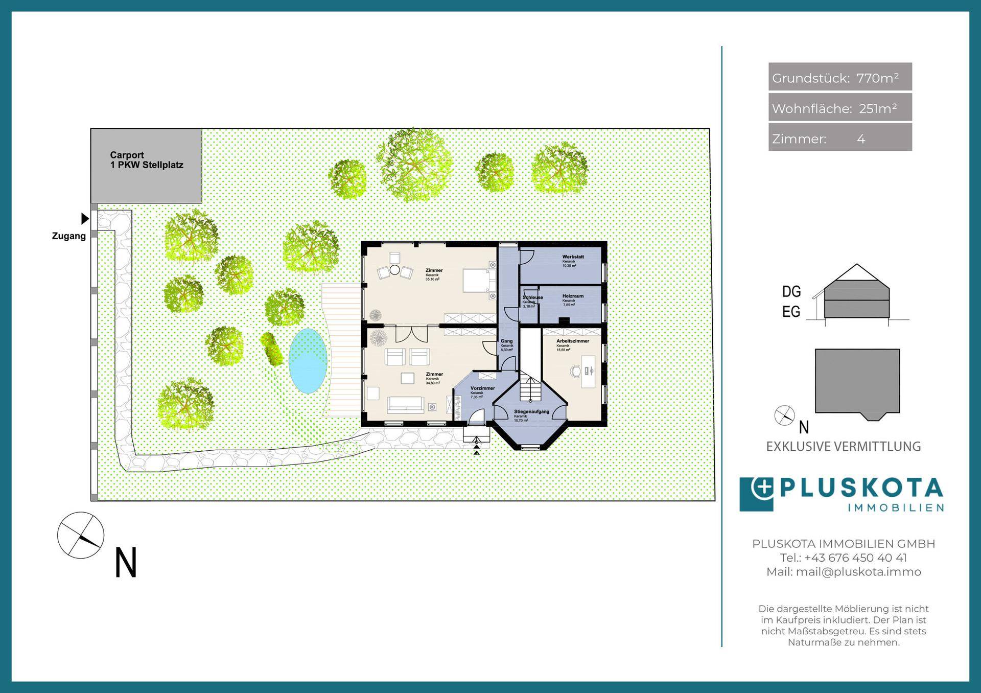 Gesamtgrundriss des Anwesens mit Haus, Garten, Carport und einem kleinen Pool.