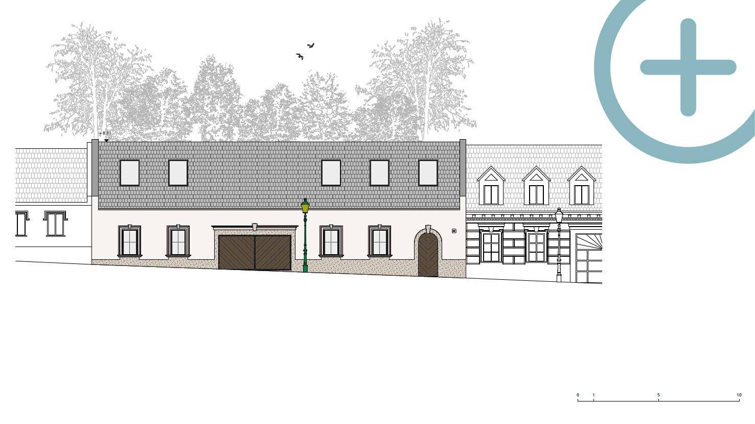 Architektonische Ansicht des Gebäudes mit Dachfenstern und Garagentor.