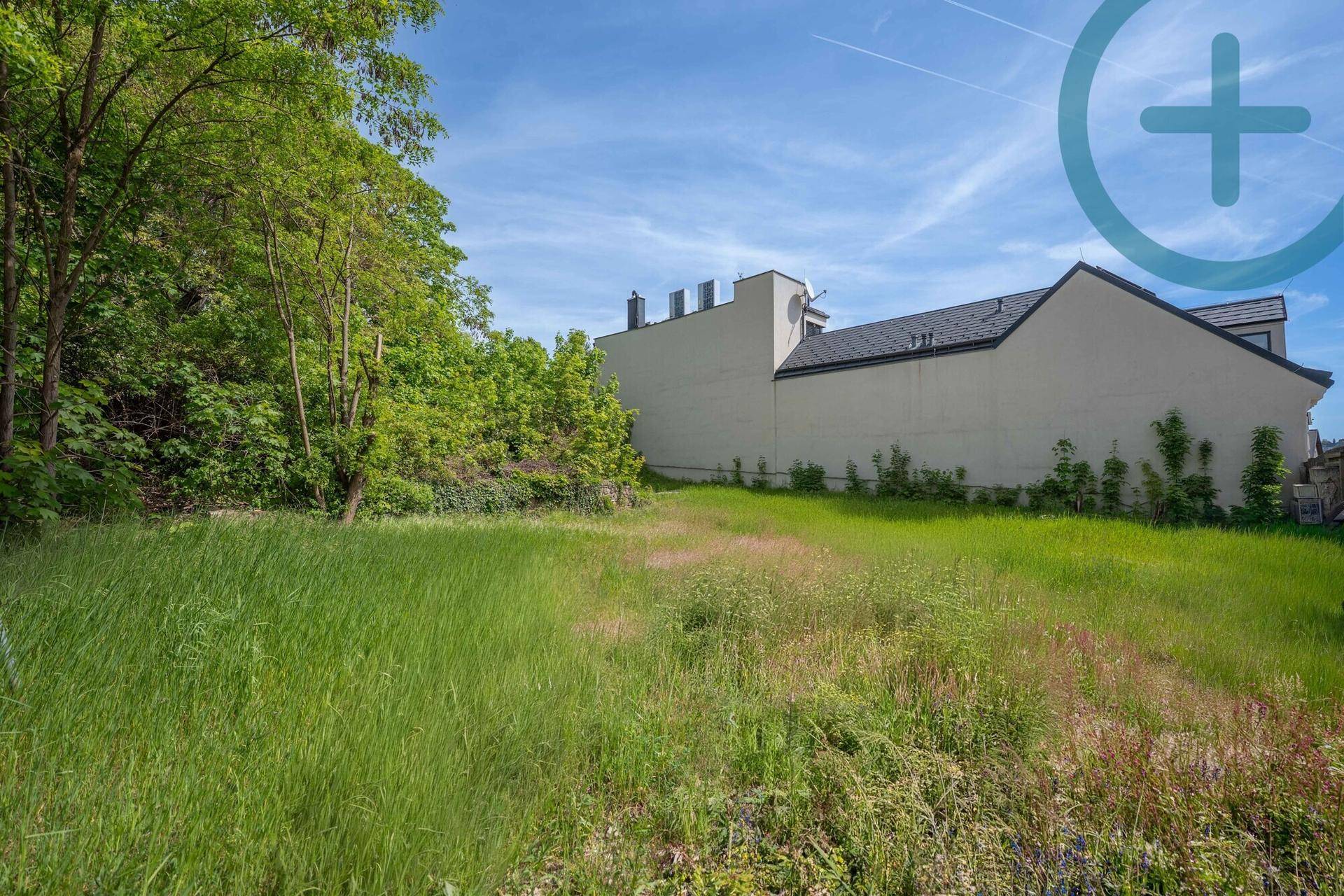 Unbebautes Grundstück mit hohem Gras und Blick auf ein modernes Gebäude im Hintergrund.