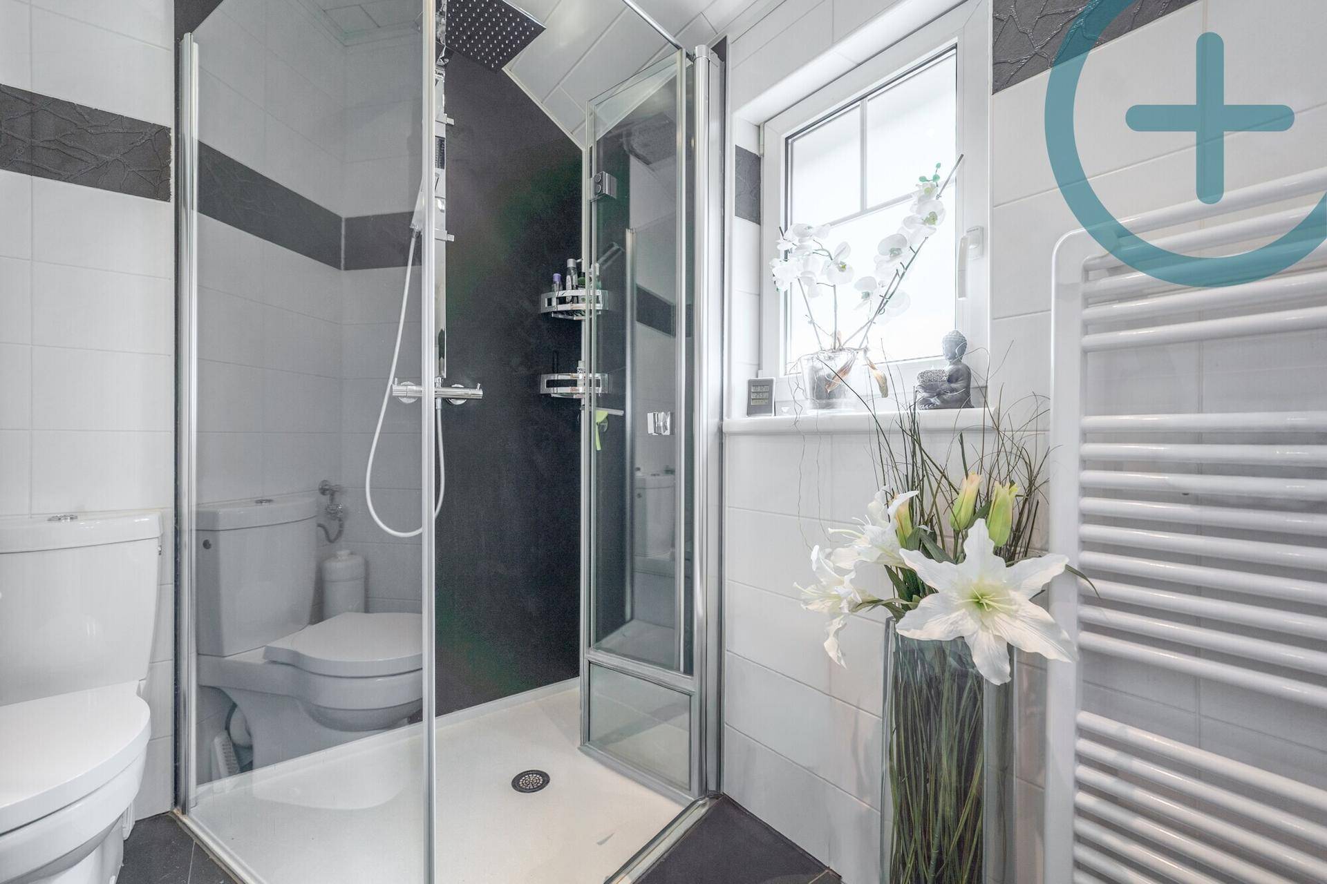 Modernes Badezimmer mit ebenerdiger Dusche, Glastrennwand und Toilette.
