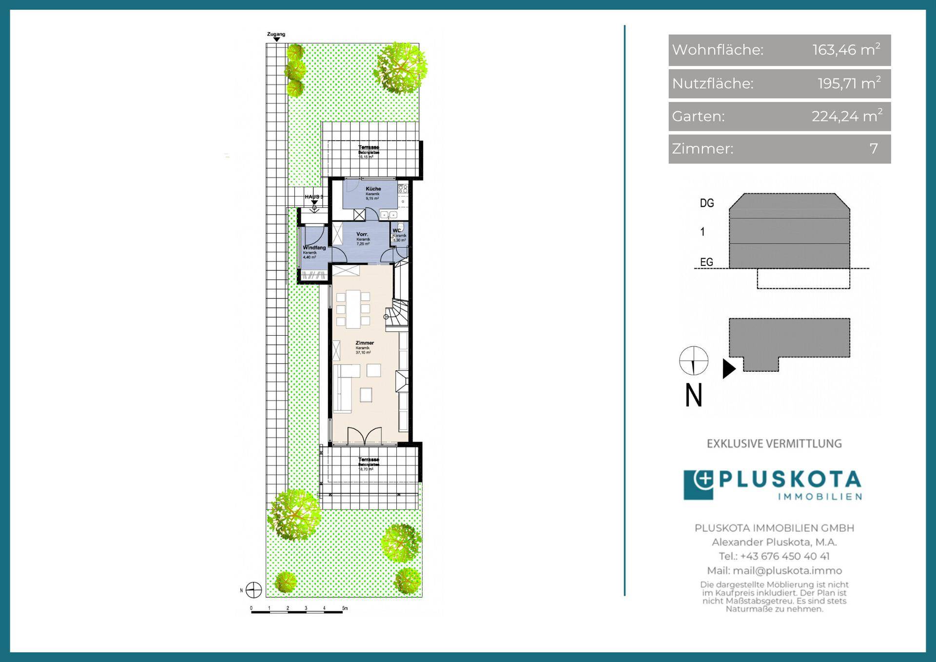 Grundriss des Hauses mit Wohnfläche von 163,46 m² und Gartenbereichen.
