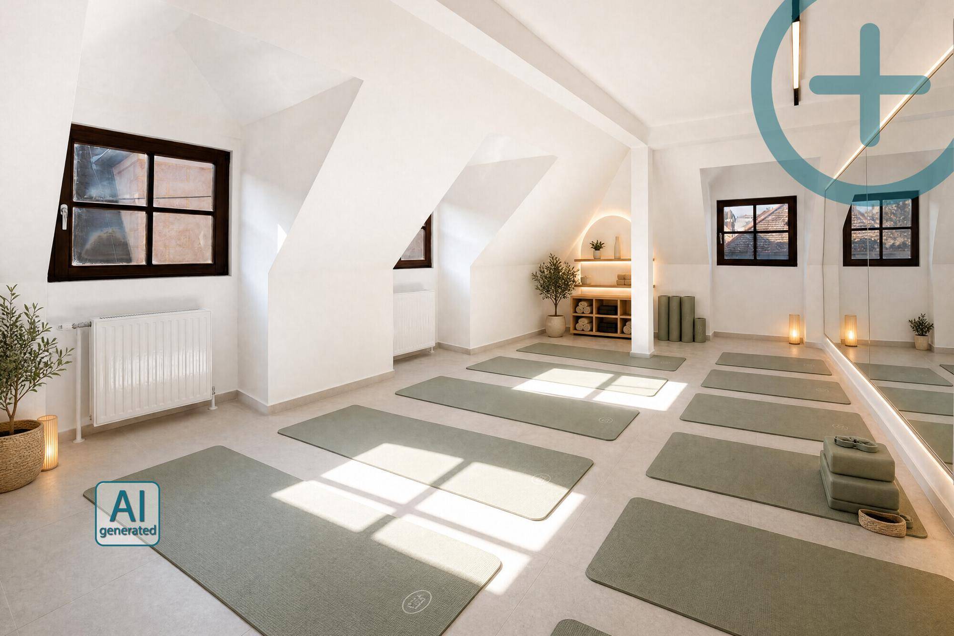 Einladender Yoga-Raum mit Matten, Spiegeln und zwei Fenstern für eine helle Atmosphäre.