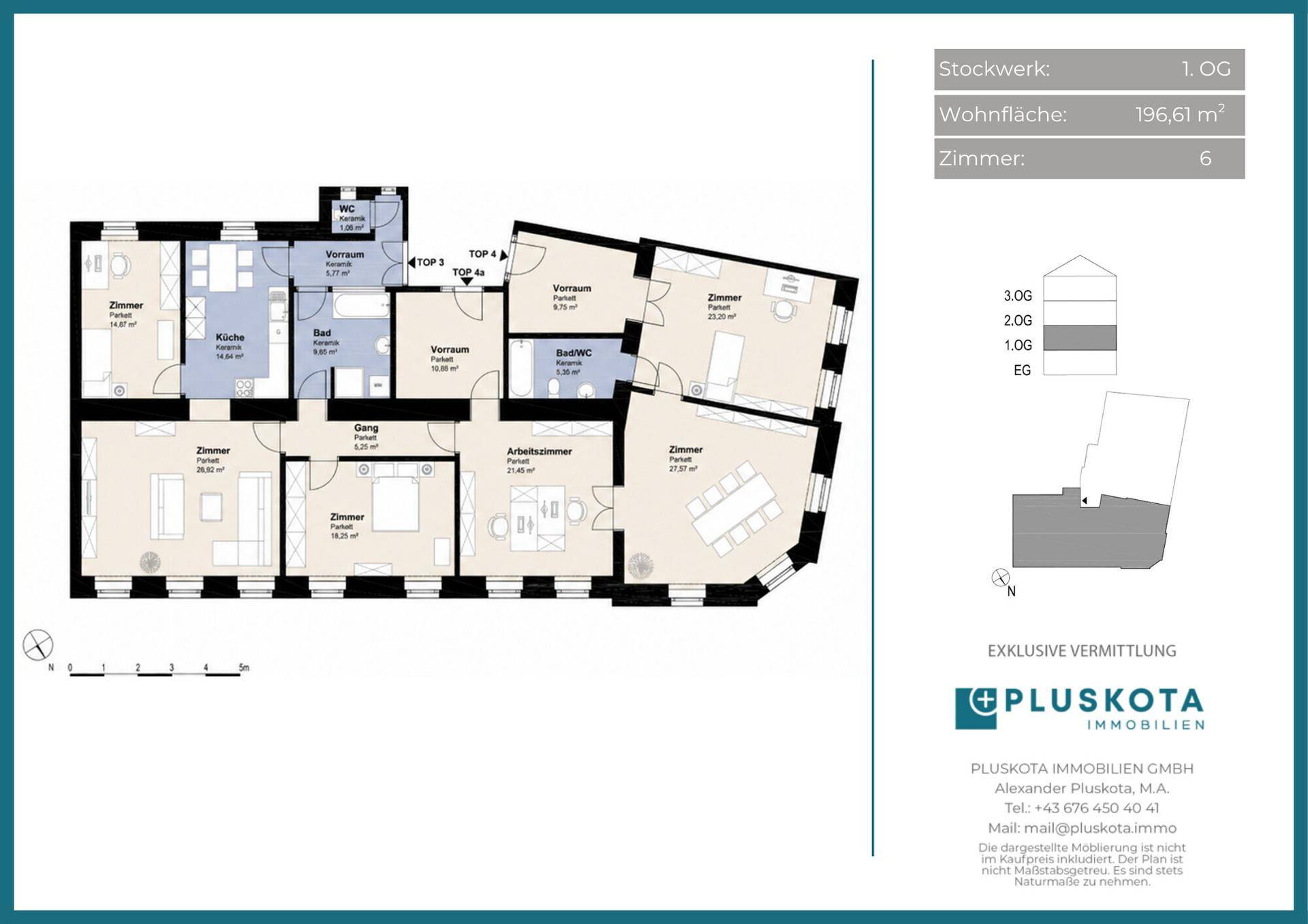 Grundriss des ersten Obergeschosses mit 196,61 m² Wohnfläche und sechs Zimmern.