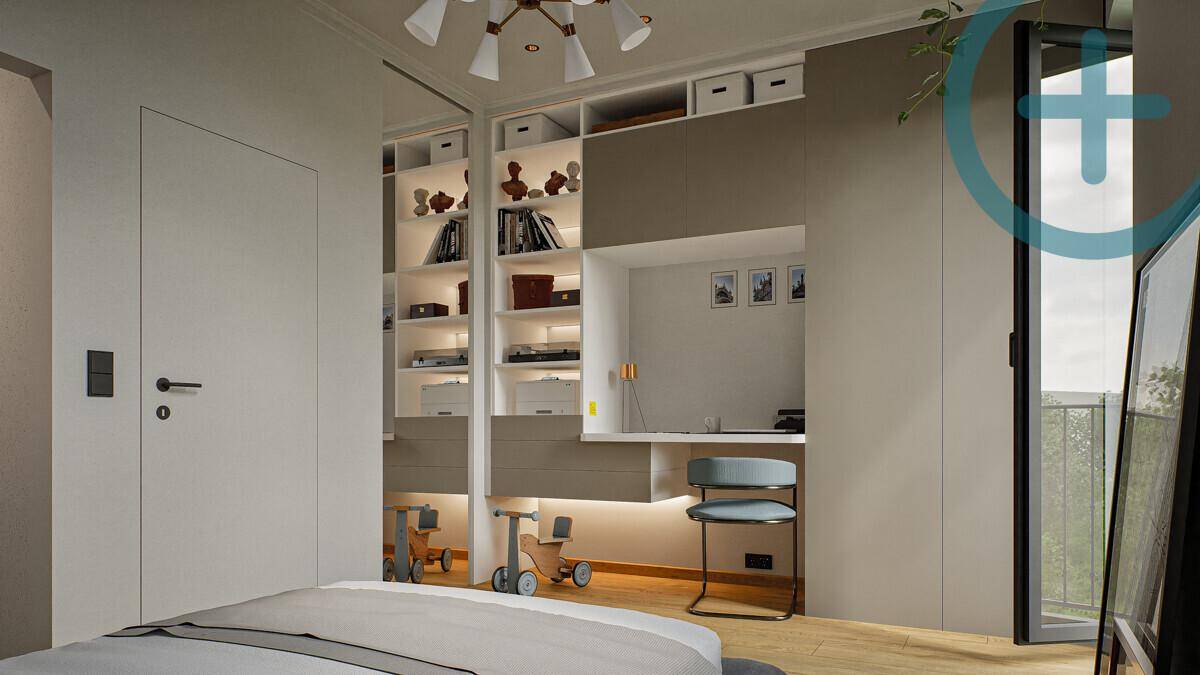 Schlafzimmer mit integriertem Schrank und Schreibtisch, bietet praktischen Stauraum und Arbeitsplatz.