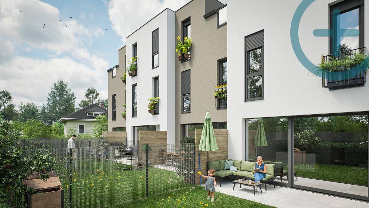 Gepflegter Gartenbereich mit bequemen Sitzgelegenheiten und Blick auf die moderne Wohnanlage.