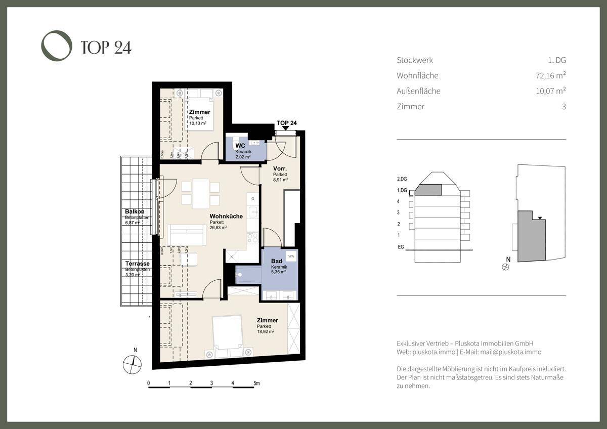 Detaillierter Grundriss der Wohnung TOP 24 mit Balkon und Terrasse.