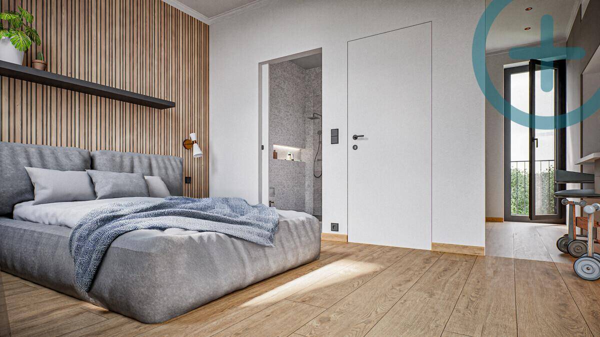 Modernes Schlafzimmer mit Holzbett, Holzwand und direktem Zugang zu Bad und Balkon.