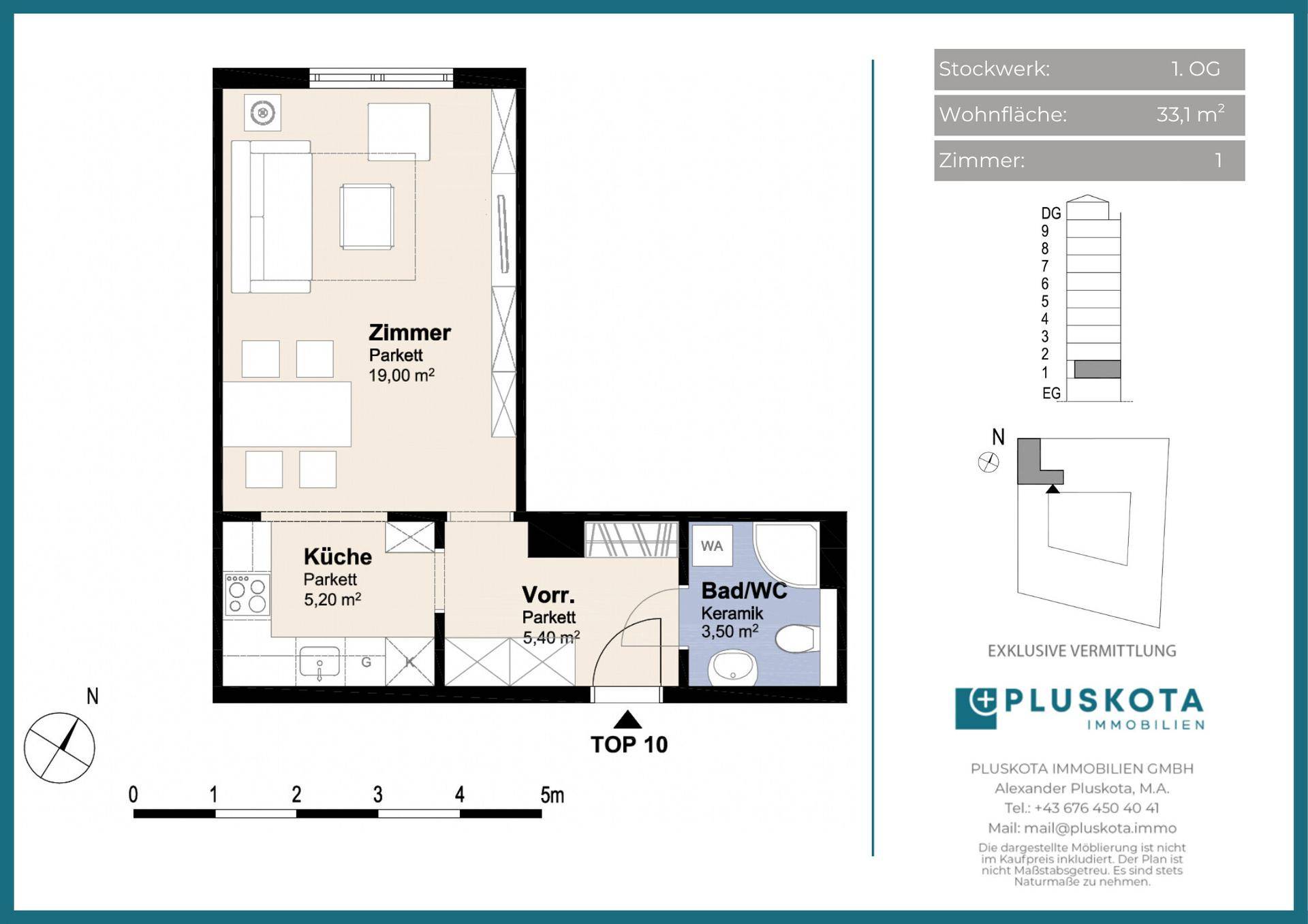 Grundriss einer Wohnung mit Wohnzimmer, Küche, Bad und Balkon.