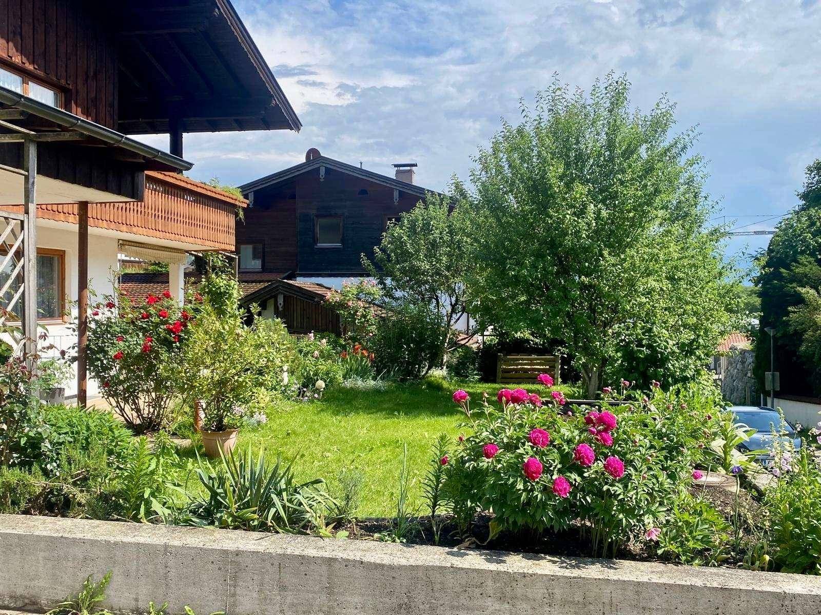 Grüner Garten mit Rasenfläche, blühenden Sträuchern und schattenspendenden Bäumen.