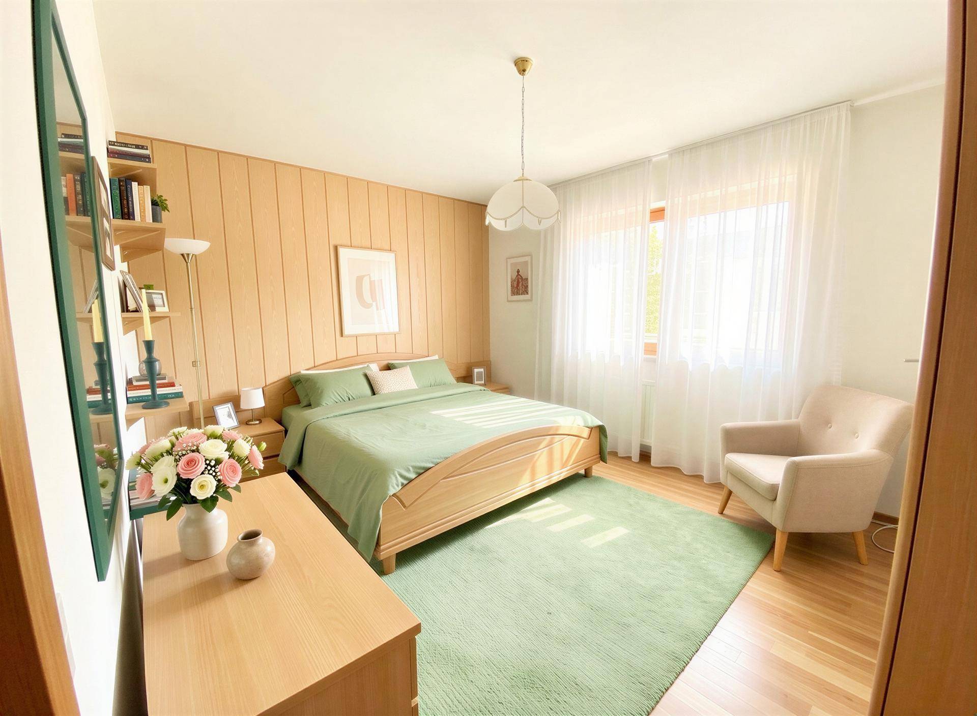 Helles Schlafzimmer mit hellen Holzwänden, Doppelbett und großem Fenster.