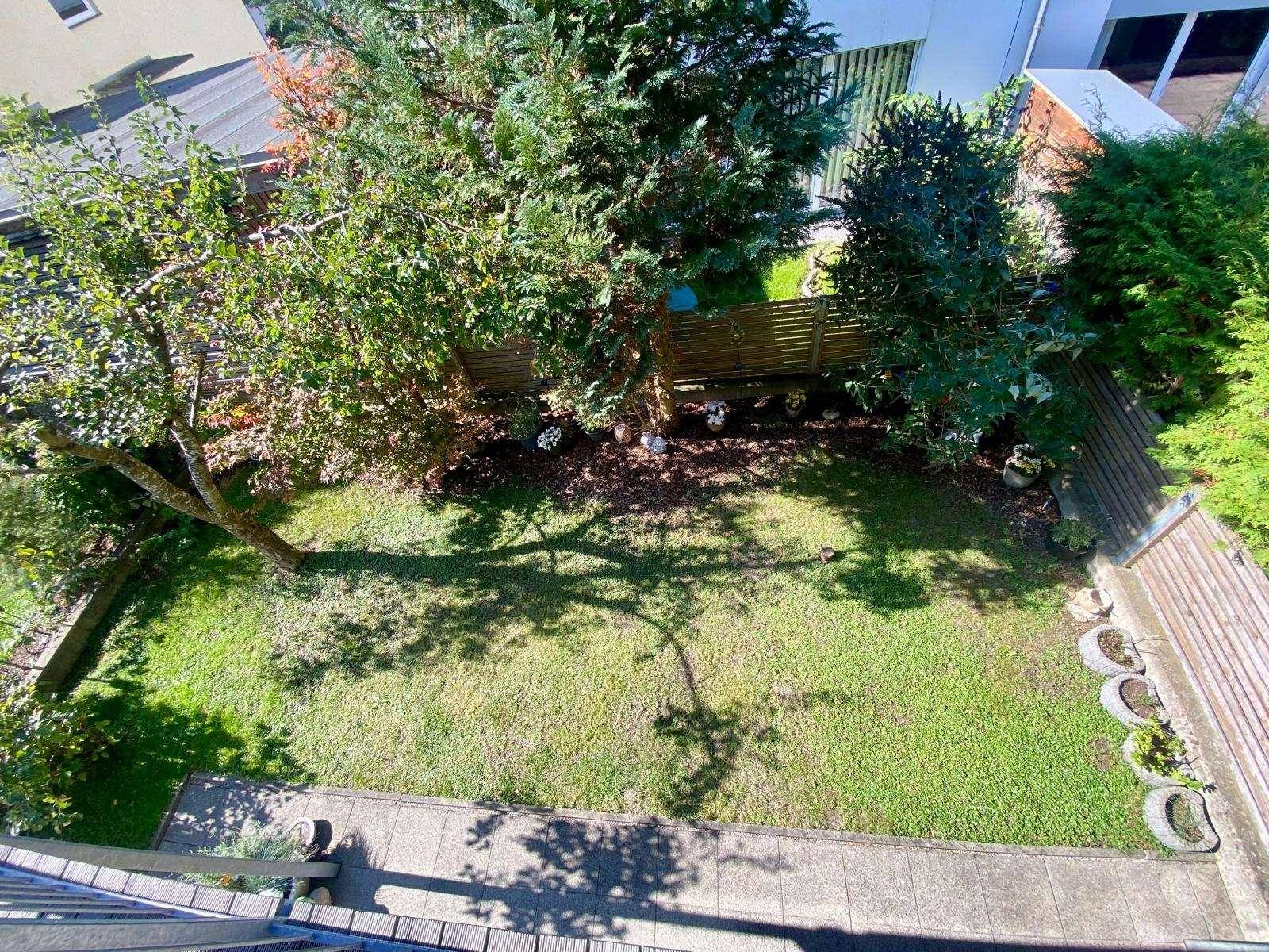 Gepflegter Gartenbereich mit Rasenfläche, Bäumen und einem gepflasterten Weg unter Sonnenschein.