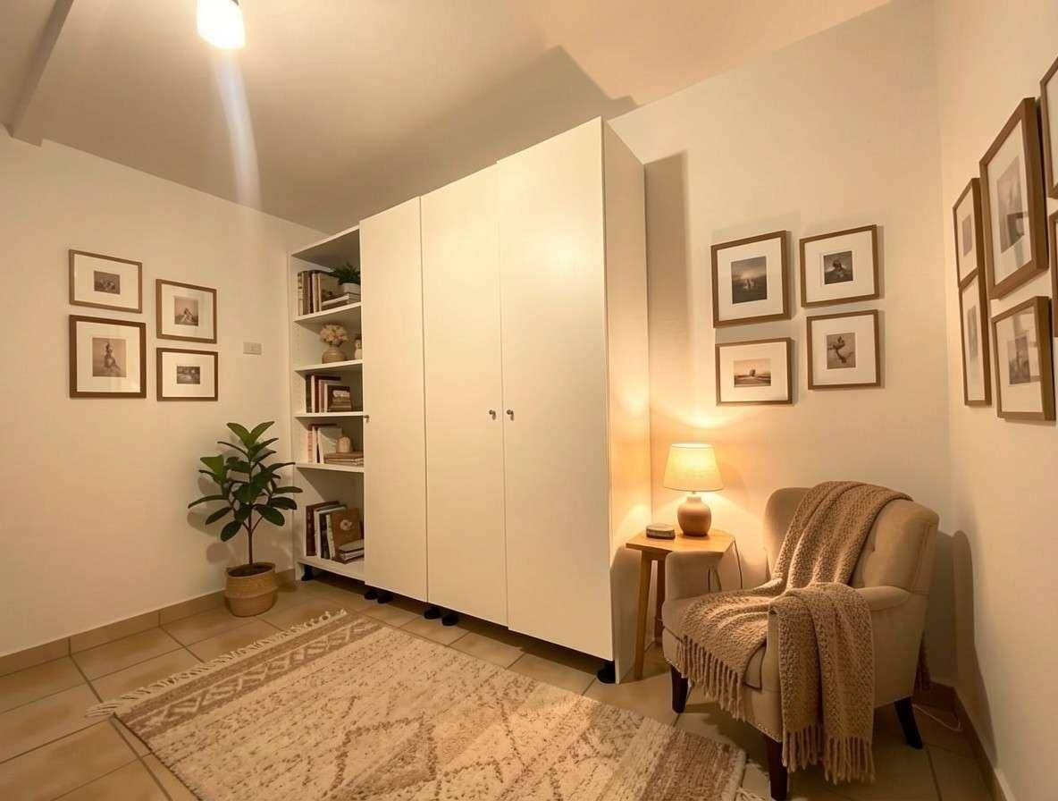 Helles Zimmer mit weißen Schränken, Bücherregal und gemütlichem Sessel, ideal als Büro oder Gästezimmer.