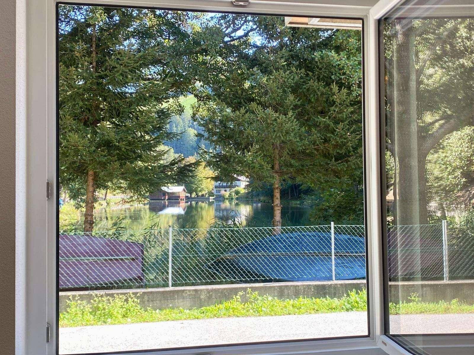 Fensterblick auf den See, umgeben von Bäumen und einem Zaun im Vordergrund, bietet eine ruhige Aussicht.