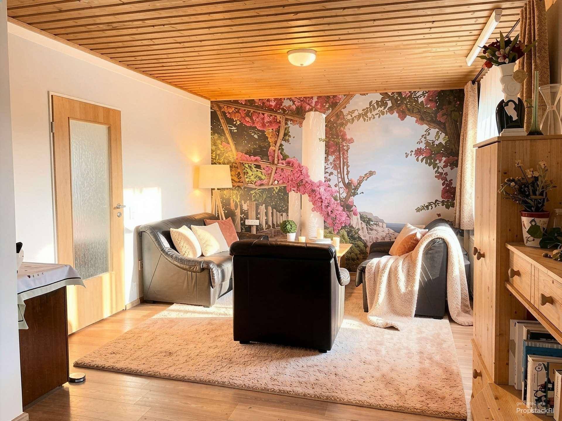 Helles Wohnzimmer mit bequemen Sofas, Holzboden und einer dekorativen Wandtapete.