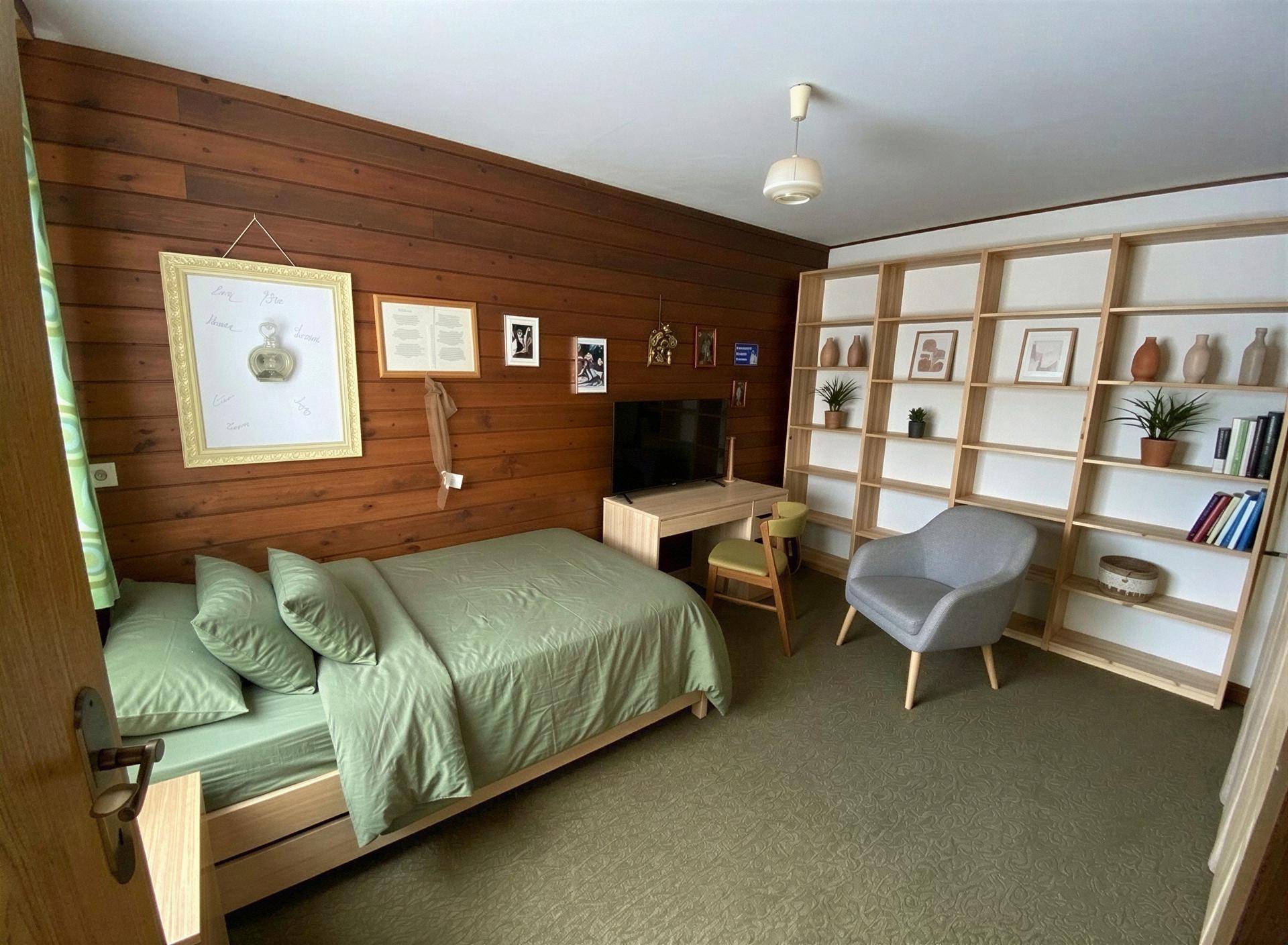 Gemütliches Schlafzimmer mit Holzwänden, grünem Teppich und Bücherregal.