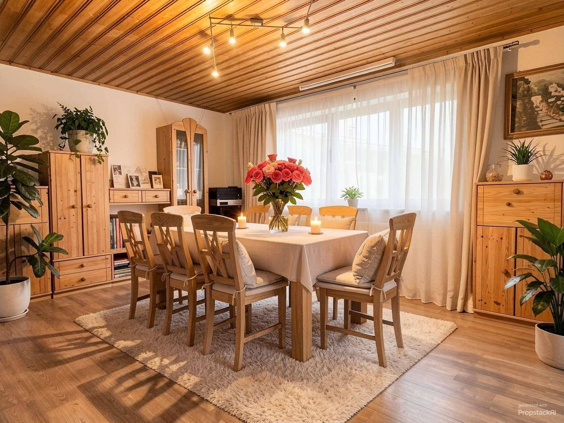 Gemütlicher Essbereich mit Holztisch, passenden Stühlen und Holzdeckenverkleidung.