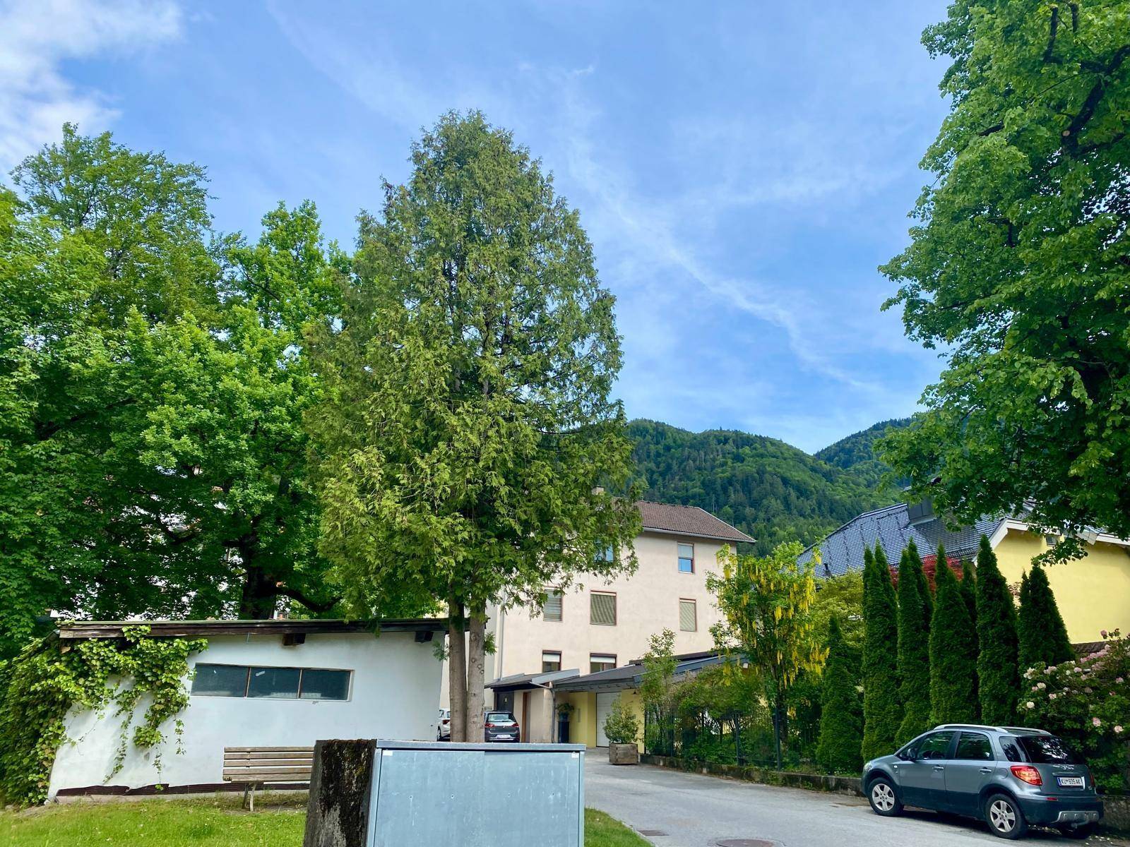 Wohngebäude in grüner Umgebung mit Bäumen und Bergen im Hintergrund unter blauem Himmel.