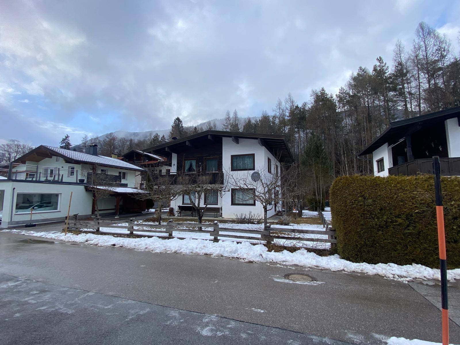 Einfamilienhaus im alpinen Stil mit Holzbalkonen und Hecke an der Straße.
