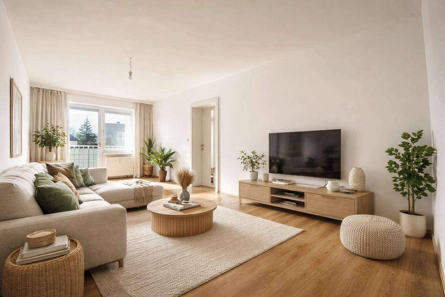 Virtuell inszeniertes Wohnzimmer mit modernem Mobiliar, hellem Laminatboden und Balkonzugang.