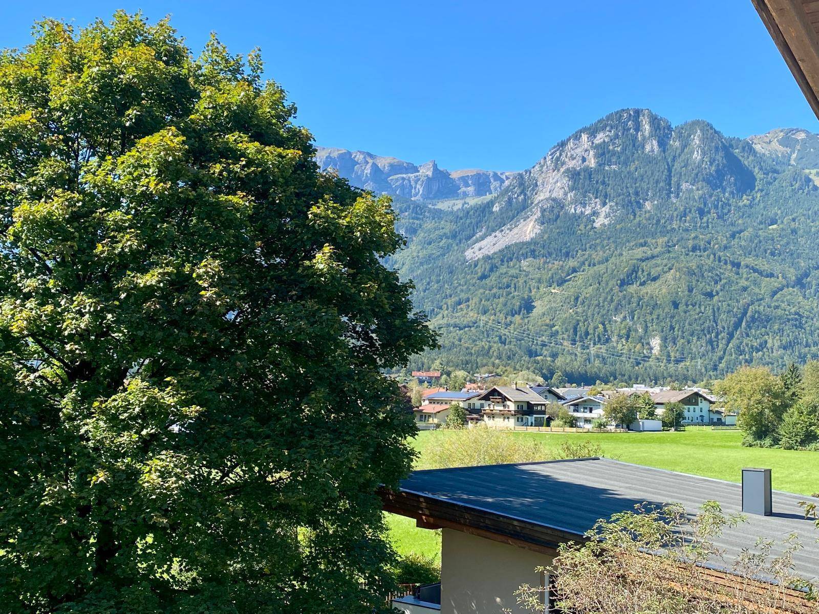 Malerischer Ausblick auf grüne Wiesen und die majestätischen Berge im Hintergrund.