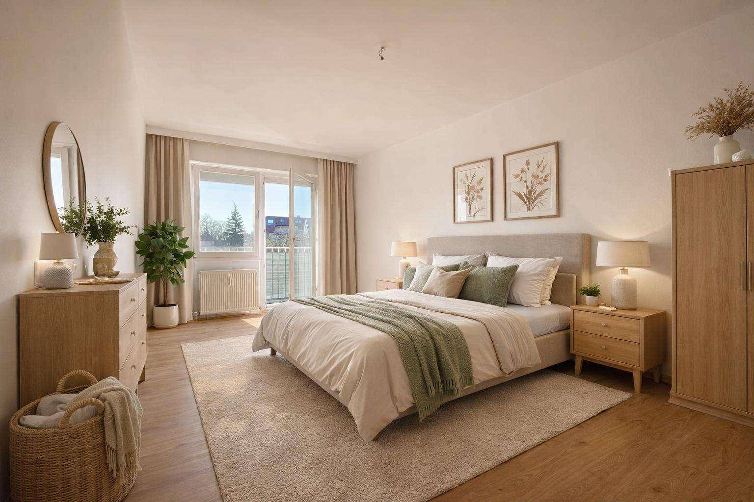 Virtuell inszeniertes Schlafzimmer mit Doppelbett, Holzmöbeln und Zugang zum Balkon.