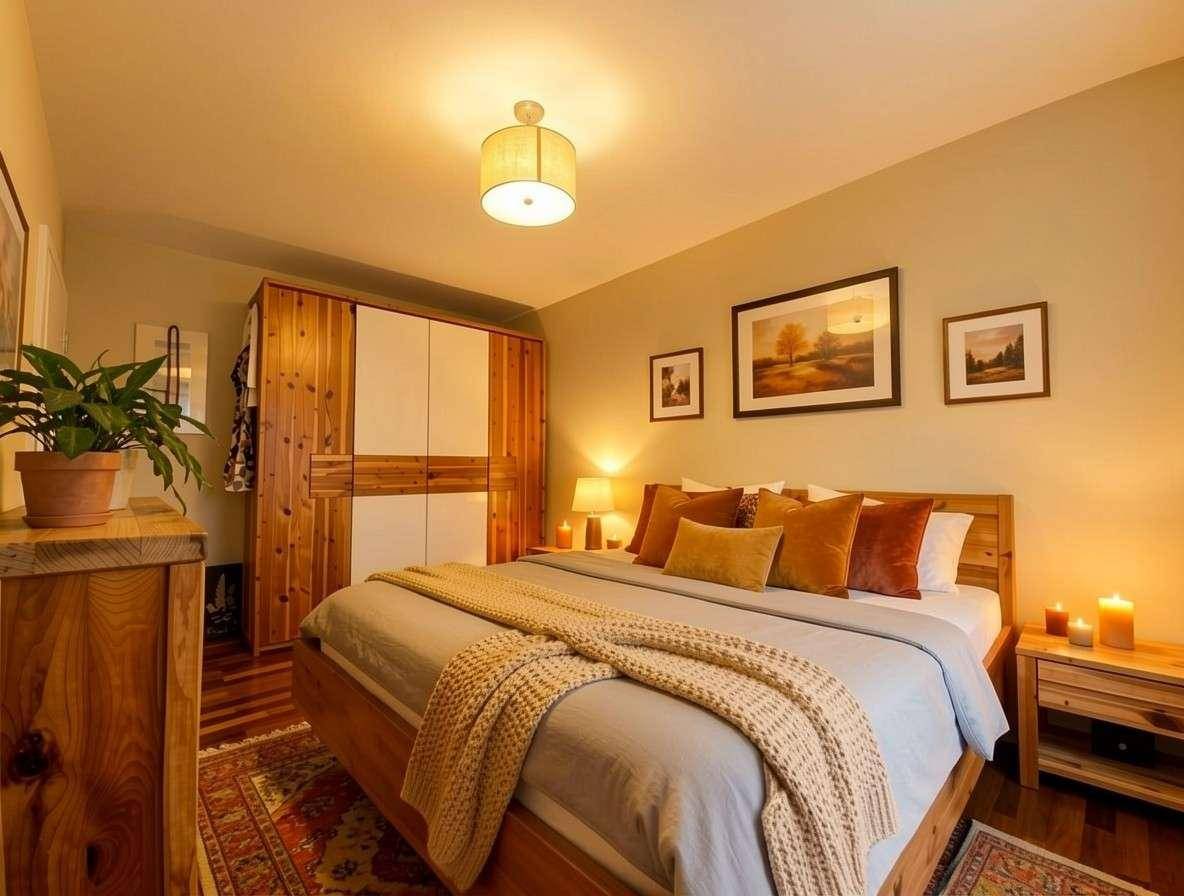 Gemütliches Schlafzimmer mit Holzbett, warmen Farben und einem großen Kleiderschrank.