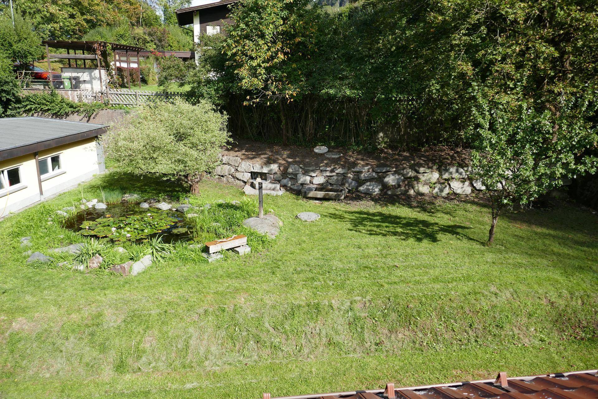 Großer Garten mit Teich und üppiger Vegetation, umgeben von Natur.