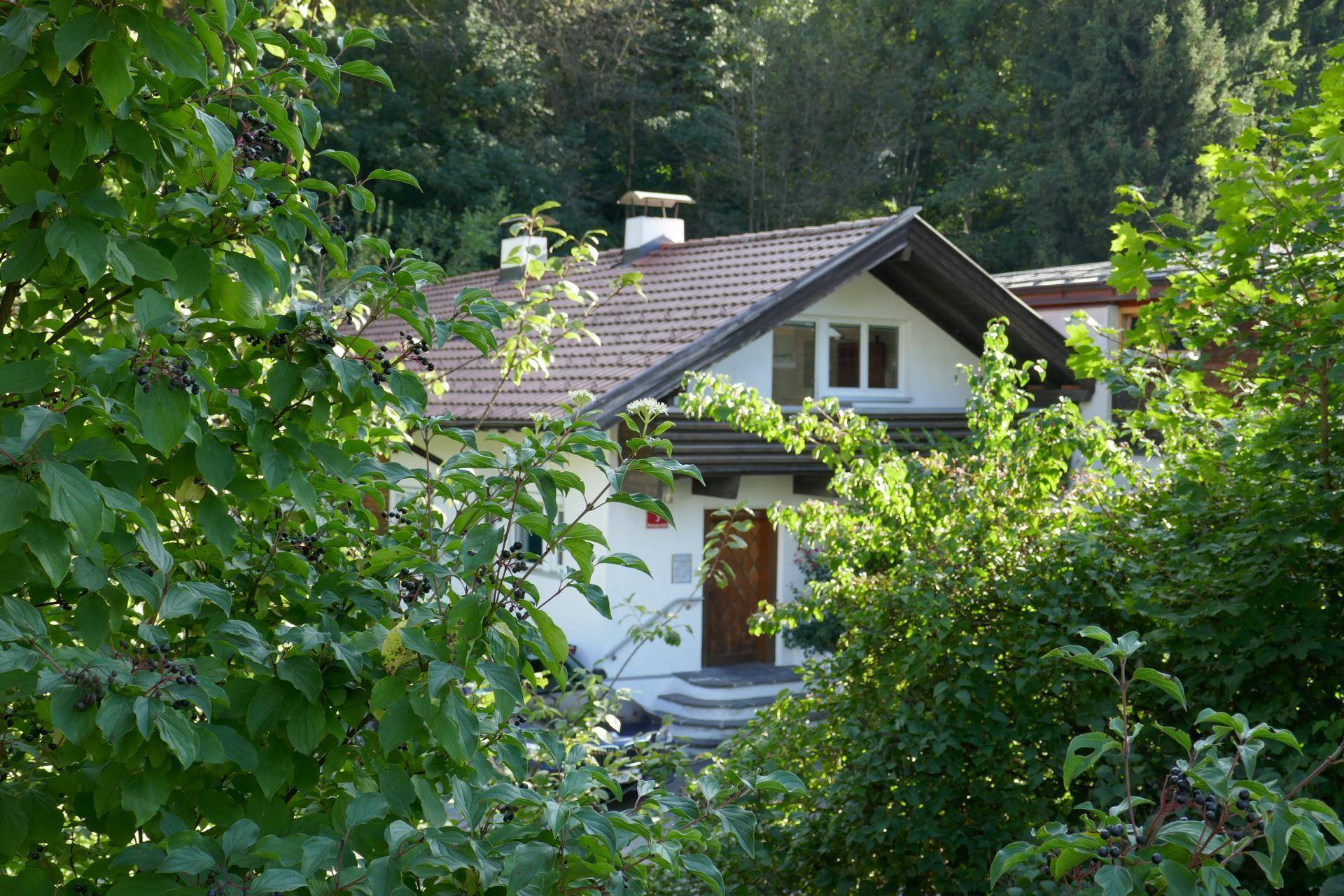 Charmantes Haus, umgeben von üppigem Grün und Bäumen, in ruhiger Lage.
