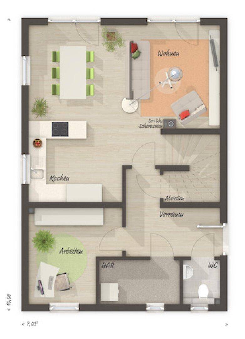 Grundriss des Erdgeschosses mit offenem Wohn-, Ess- und Kochbereich sowie einem Arbeitszimmer.