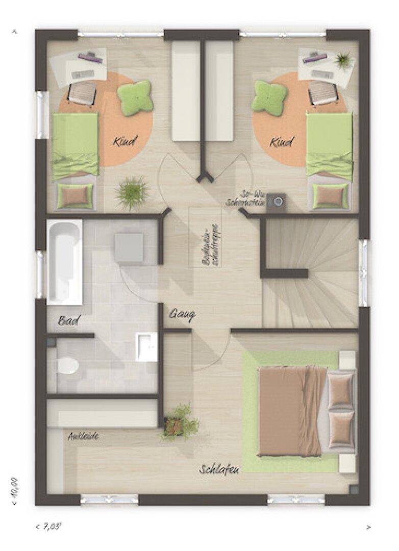 Grundriss des Obergeschosses mit zwei Kinderzimmern, einem Schlafzimmer und einem Badezimmer.