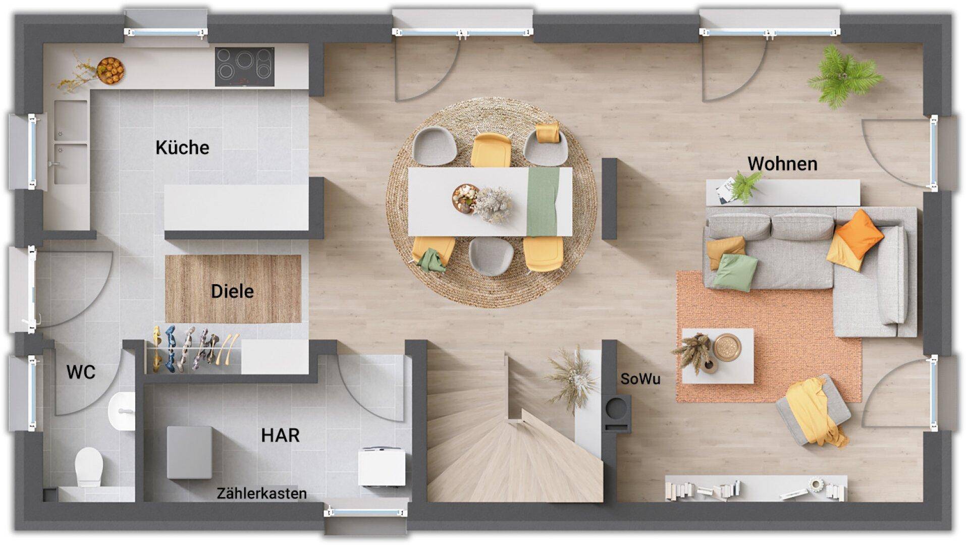 Grundriss des Erdgeschosses mit offener Küche, Essbereich, Wohnzimmer und separatem WC.