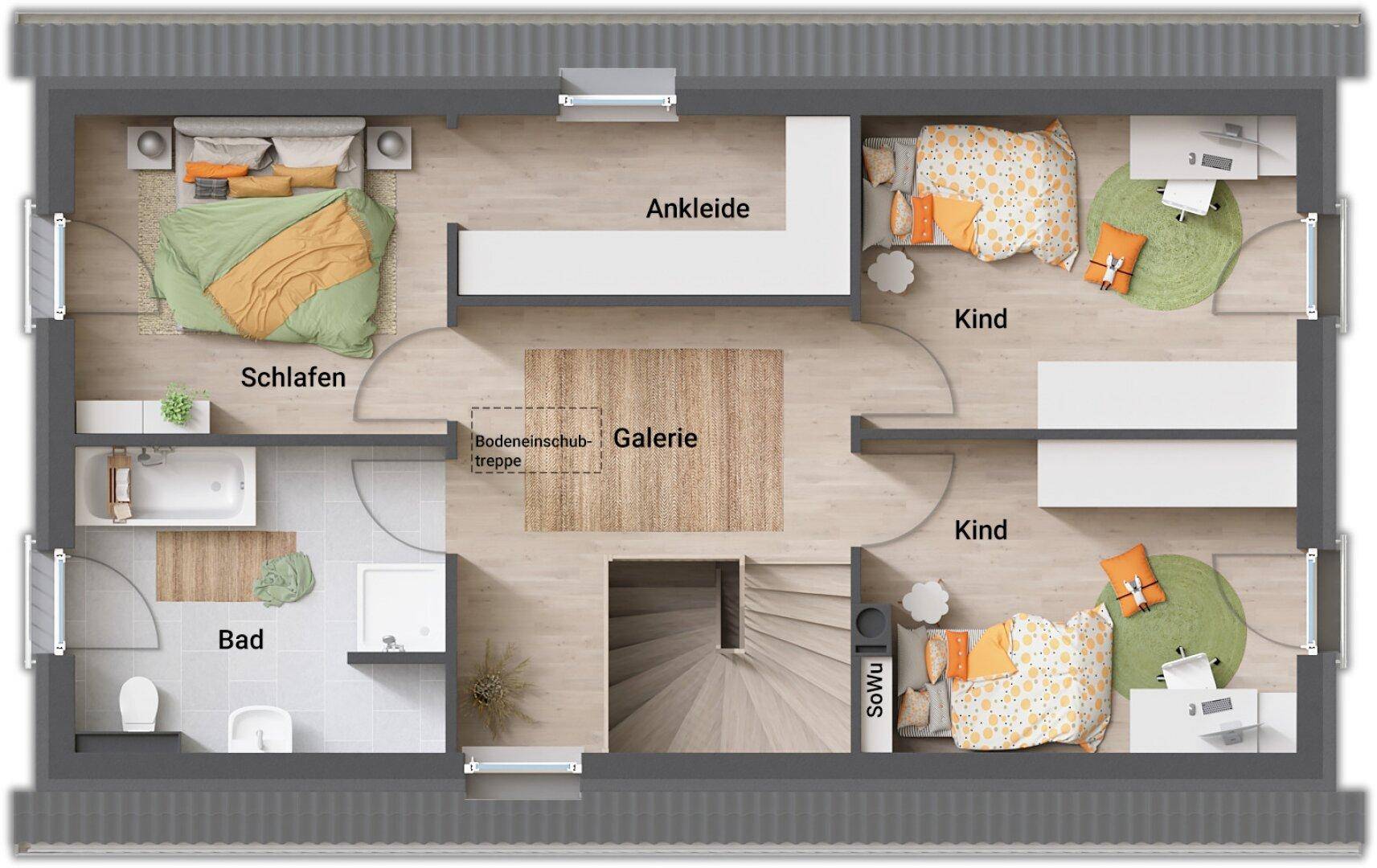 Grundriss des Obergeschosses mit Hauptschlafzimmer, zwei Kinderzimmern, Ankleide und Badezimmer.