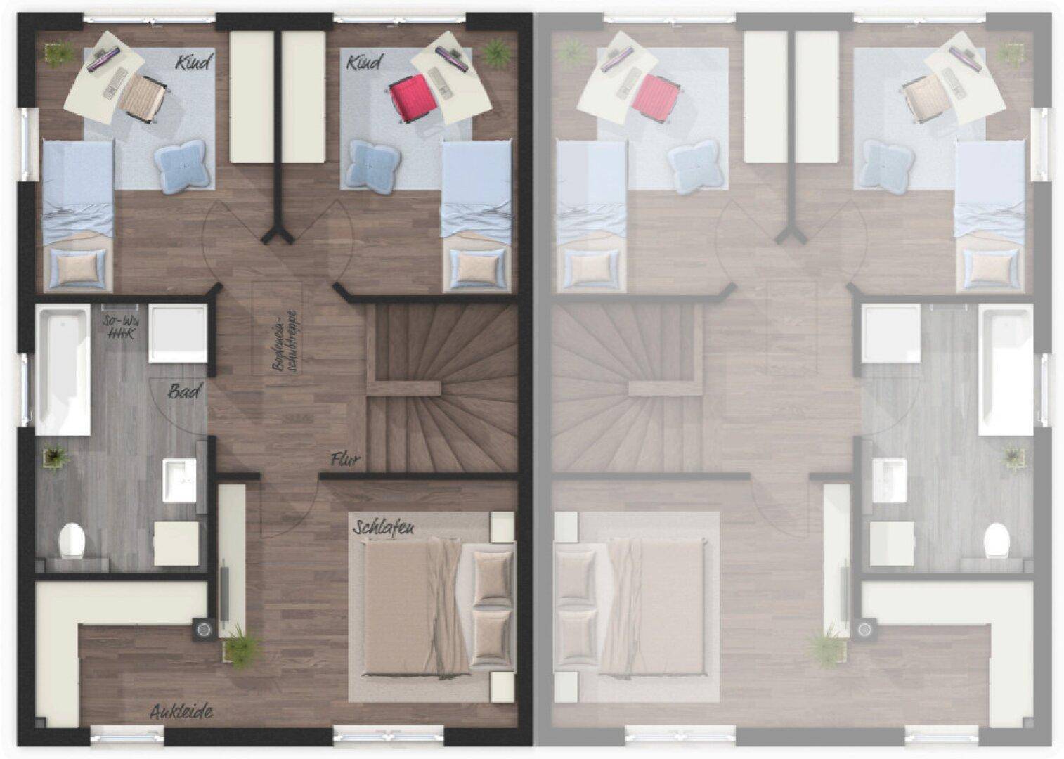 Grundriss des Obergeschosses mit Schlafzimmern, Kinderzimmern, Ankleidebereich und Badezimmer.