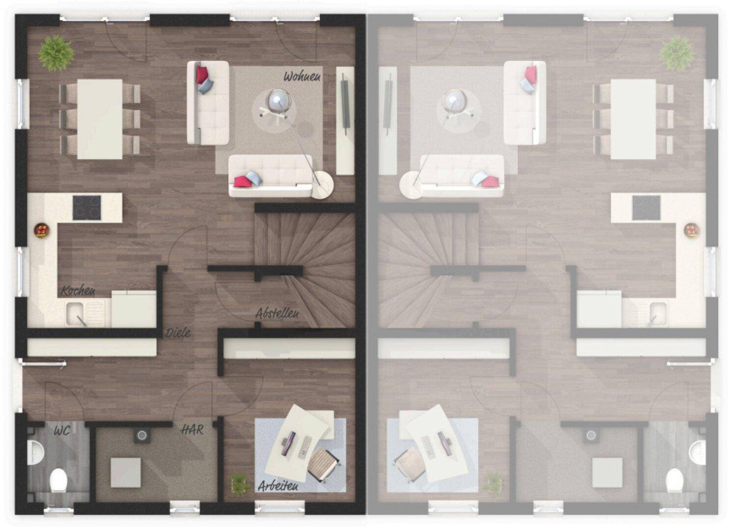 Grundriss des Erdgeschosses mit offenem Wohnbereich, integrierter Küche und separatem Arbeitszimmer.