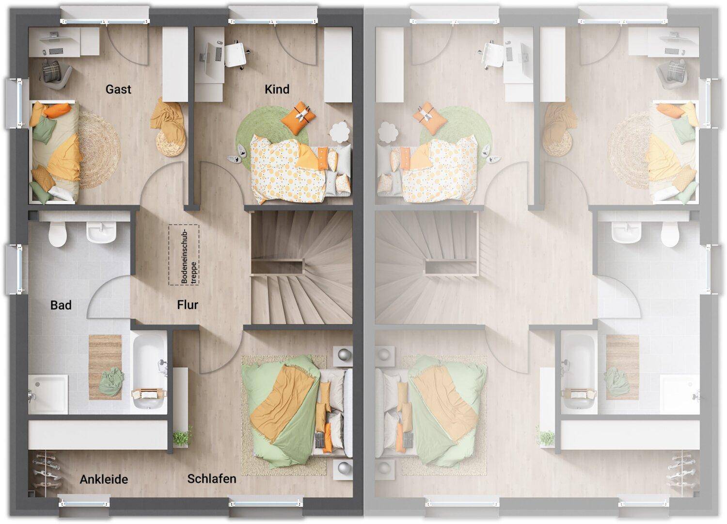 Grundriss des Obergeschosses mit Schlafzimmern, Badezimmer, Ankleide und Gästezimmer.