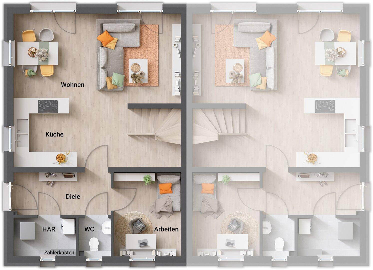 Grundriss des Erdgeschosses mit offenem Wohnbereich, Küche, Gäste-WC und Arbeitszimmer.