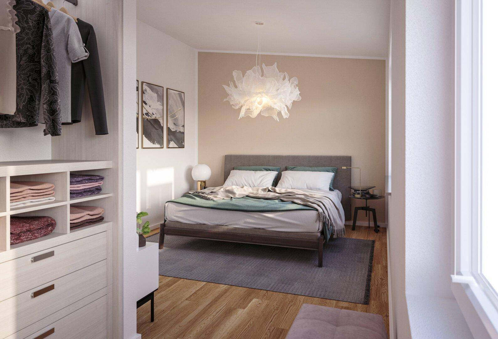 Modernes Schlafzimmer mit Doppelbett, integriertem Kleiderschrank und hellem Holzboden.