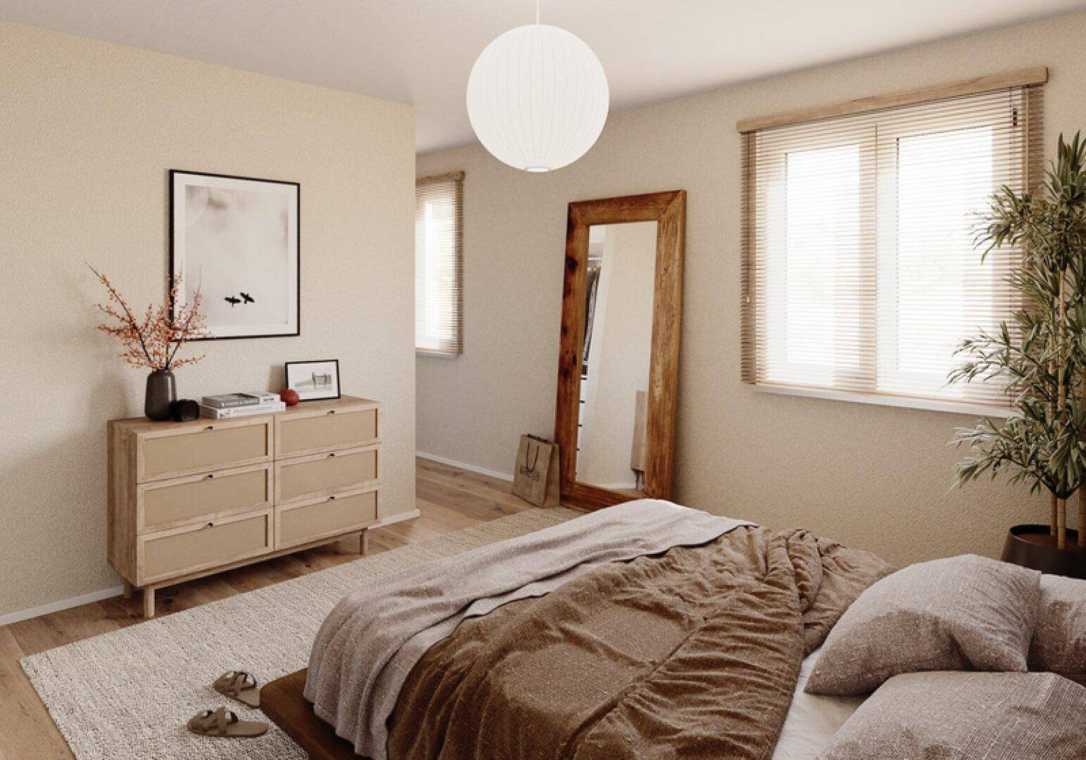 Geräumiges Schlafzimmer mit großem Bett, Kommode, Ganzkörperspiegel und viel natürlichem Lichteinfall.