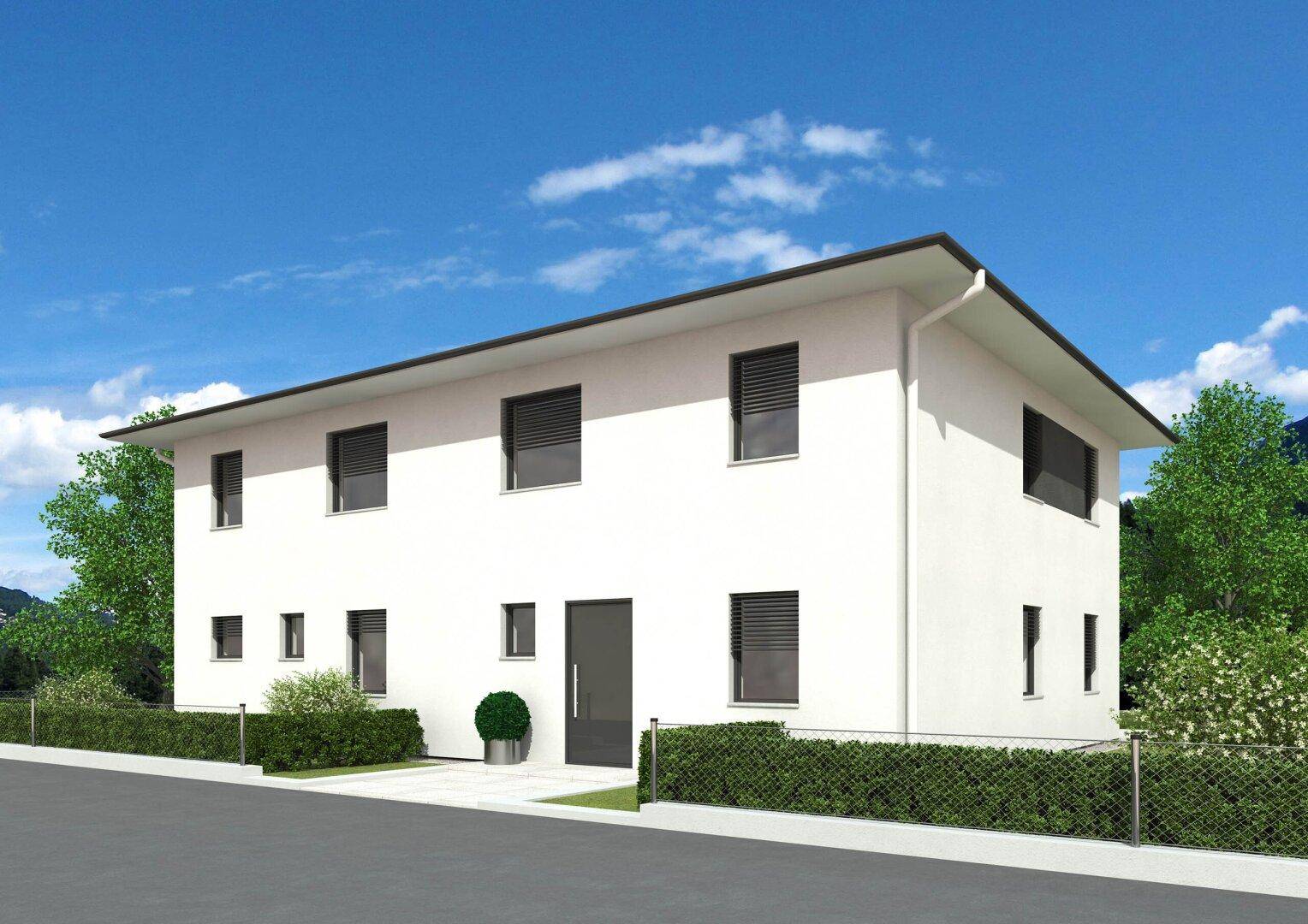 Moderne Doppelhaushälfte mit weißer Fassade, dunklem Dach und gepflegter Hecke entlang der Grundstücksgrenze.