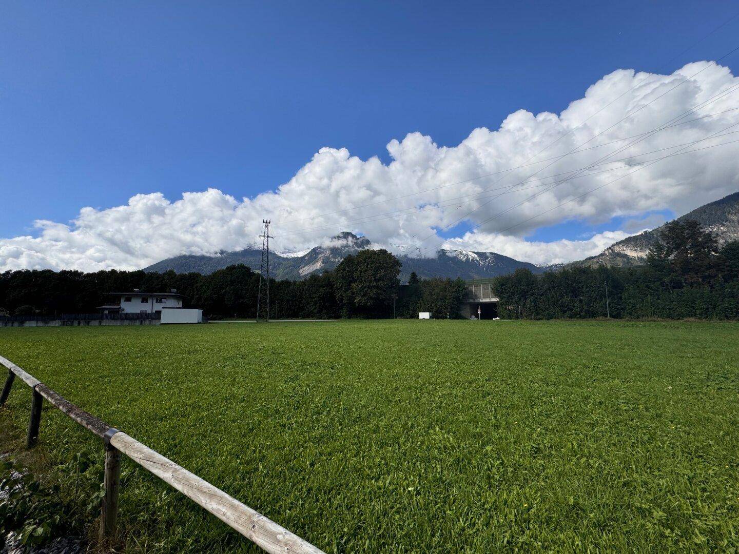 Weitläufige grüne Wiese mit majestätischen Bergen im Hintergrund unter einem strahlend blauen Himmel.