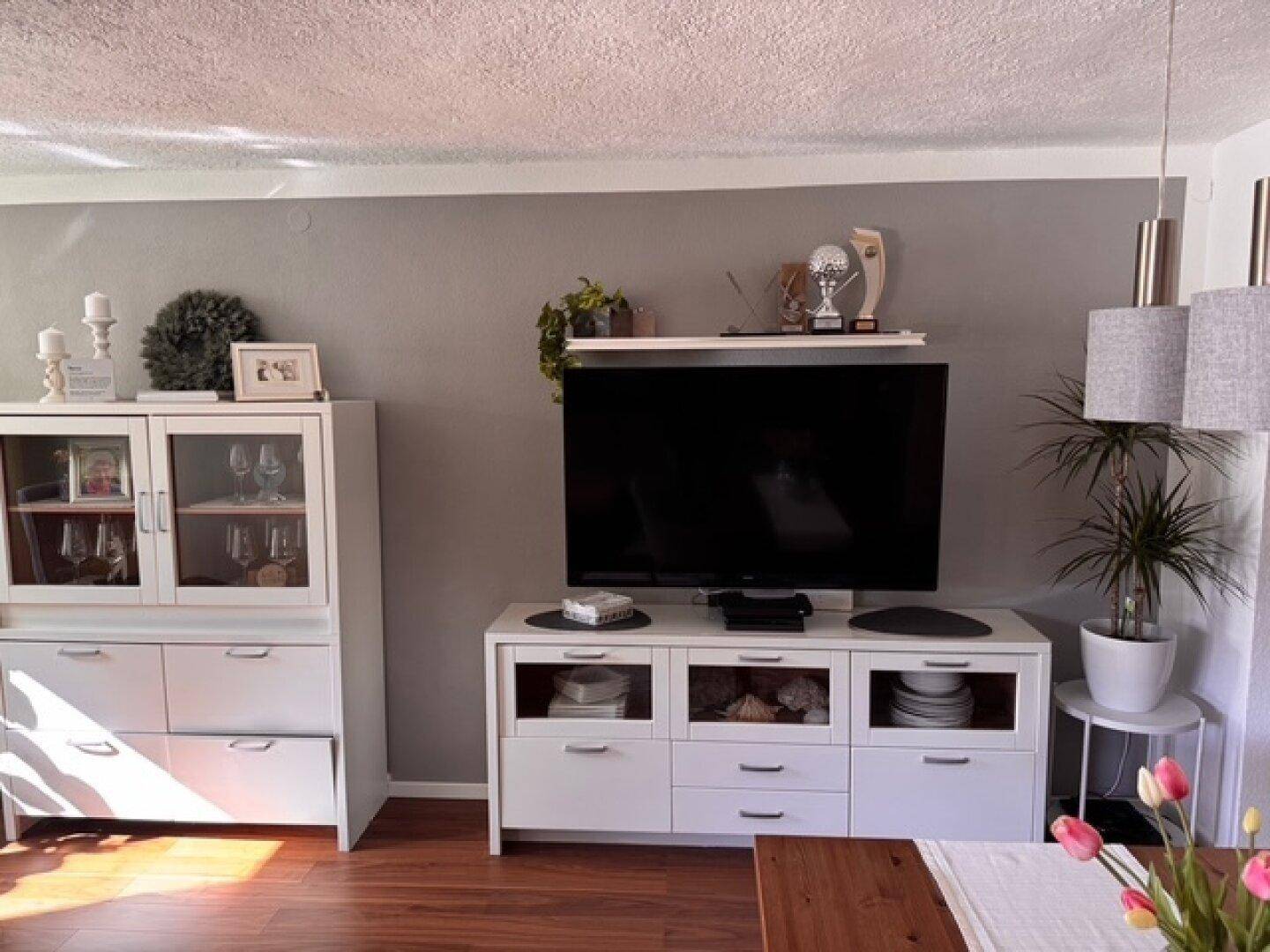 Essbereich mit modernem Sideboard, Fernseher und stilvoller Dekoration.