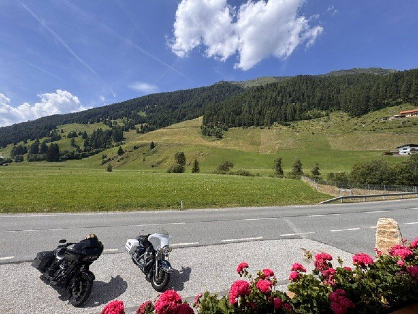 Malerische Berglandschaft mit grünen Wiesen und blühenden Blumen im Vordergrund.