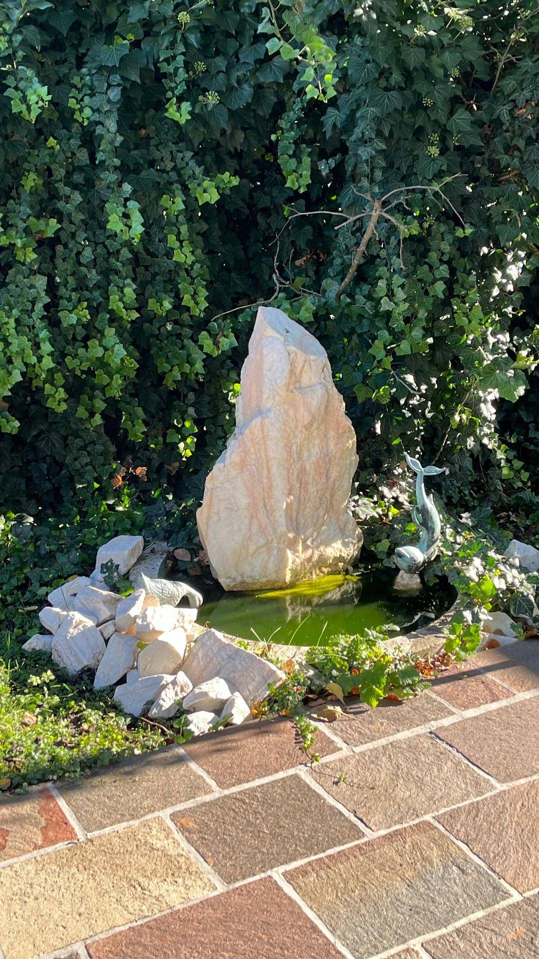 Gartenbereich mit einem dekorativen Felsen, kleinem Teich und Skulptur.