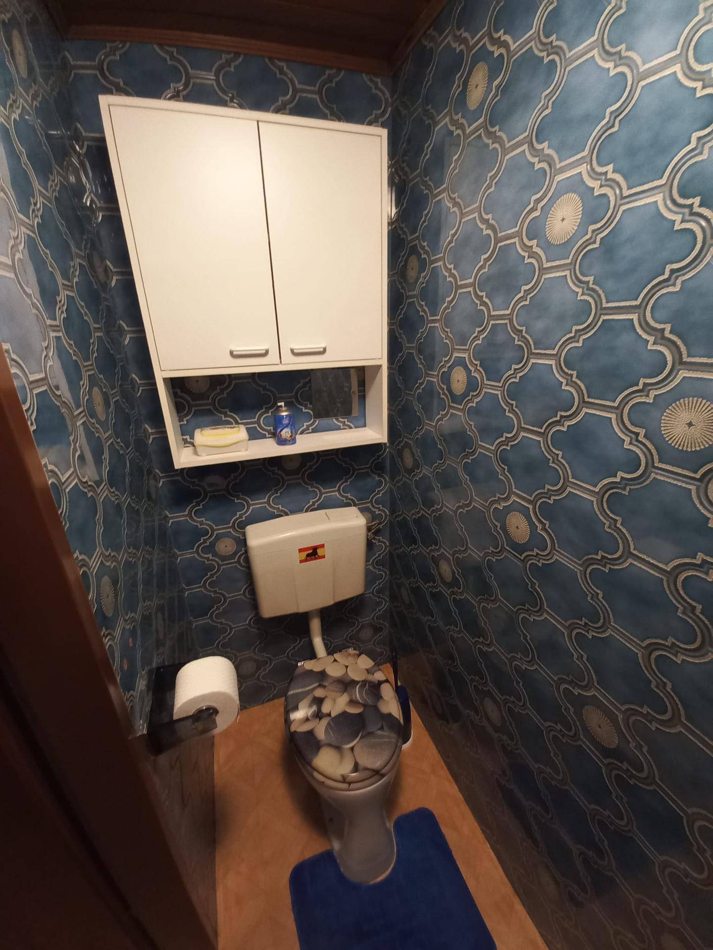 Separate Toilette mit auffälligen blauen Fliesen und einem wandmontierten Spülkasten.