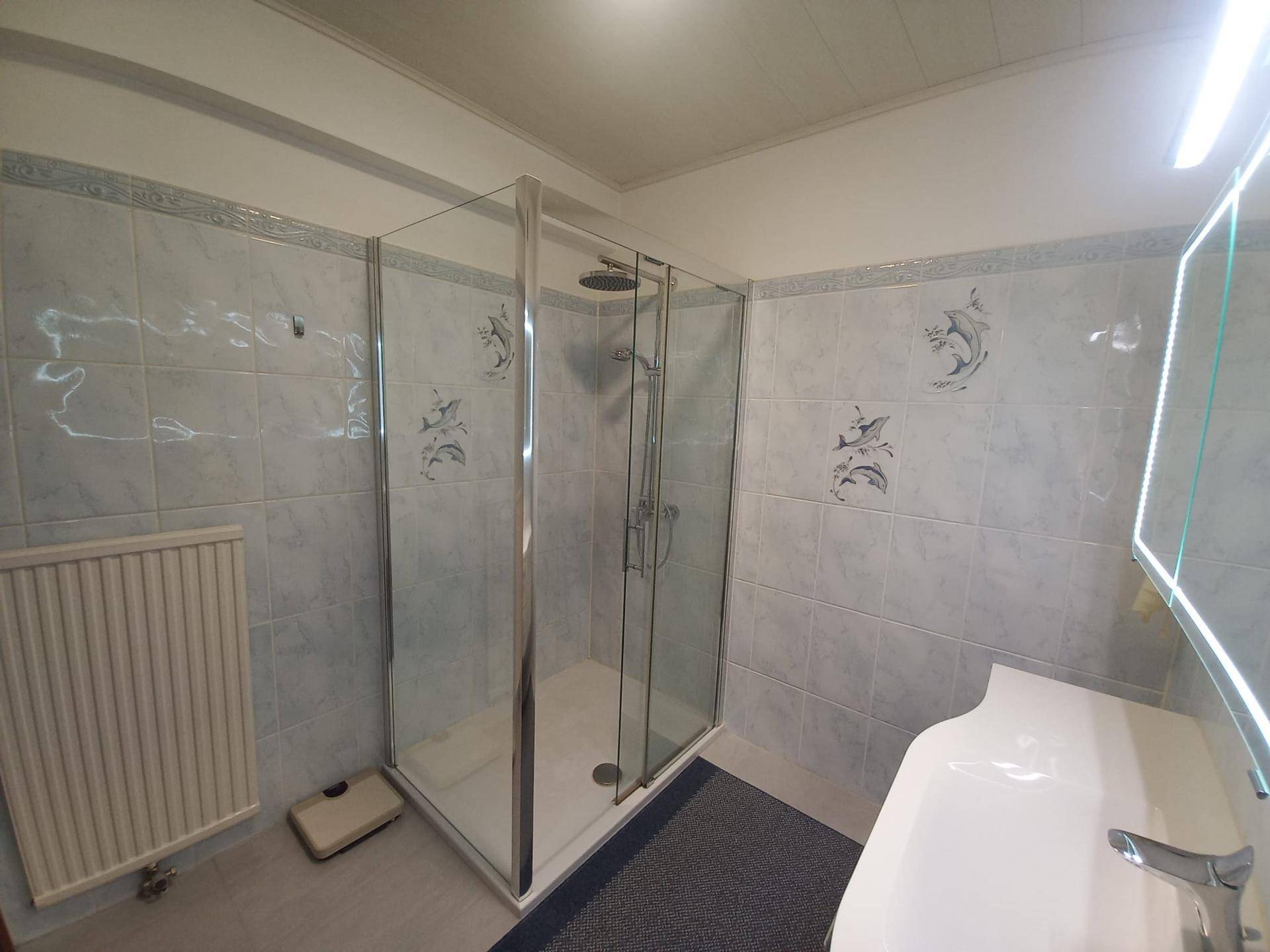 Badezimmer mit hellblauen Fliesen, einer modernen Glasduschkabine und einem Heizkörper für angenehme Wärme.