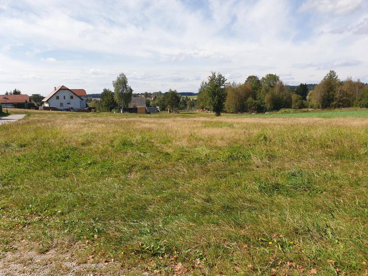 Offene Wiesenfläche mit Blick auf ländliche Häuser und bewaldete Umgebung.