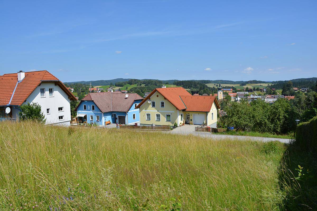 Weitläufiger Blick über eine grüne Wiese auf ein Dorf mit traditionellen Häusern und hügeliger Landschaft.